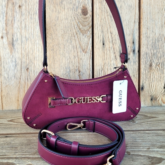 GUESS Suede Northlake Small Oxblood Tote With Crossbody Strap Handbag - Picture 3 of 8